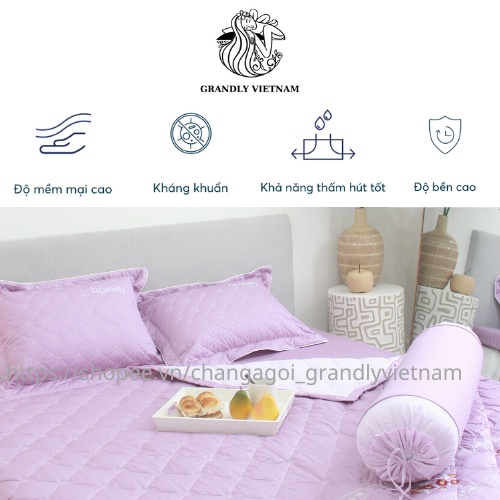 Bộ chăn ga gối (4 món) cao cấp Grandly Vietnam chính hãng vải màu chần bông 4 mùa siêu mềm mại