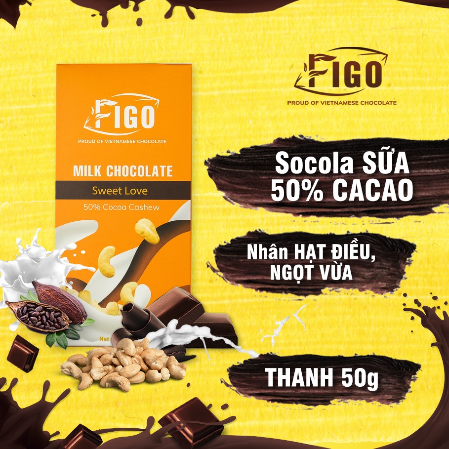 [Chính hãng] Kẹo Socola nhân hạt Điều_Milk Chocolate Figo Nhân Hạt điều nhập khẩu bùi, ăn là nghiện Hộp 50gr