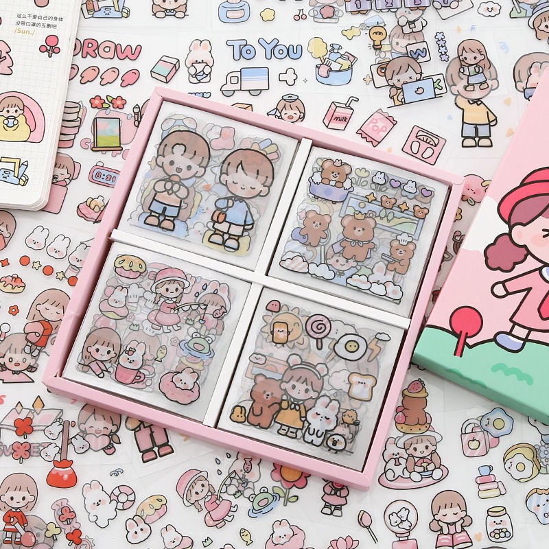 Hộp 100 miếng dán trang trí họa tiết, sticker dán hoạt hình