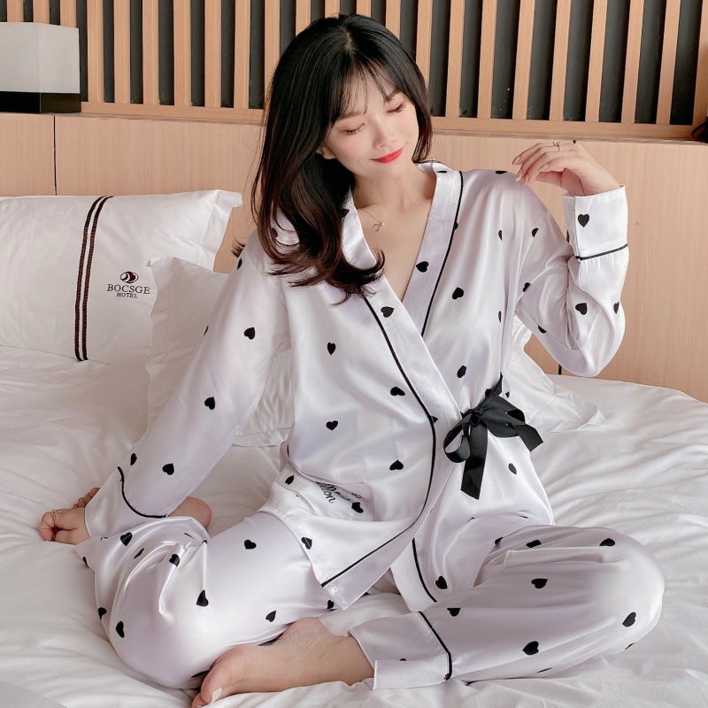 Bộ đồ ngủ tay dài bằng lụa phong cách kimono Nhật Bản thời trang xuân thu cho nữ