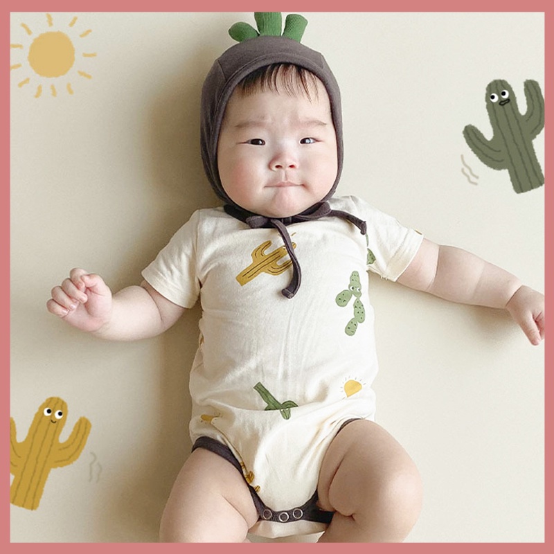 Bộ Áo Liền Quần Tay Ngắn In Hình Cây Xương Rồng + 1 Nón Dễ Thương Cho Bé Sơ Sinh