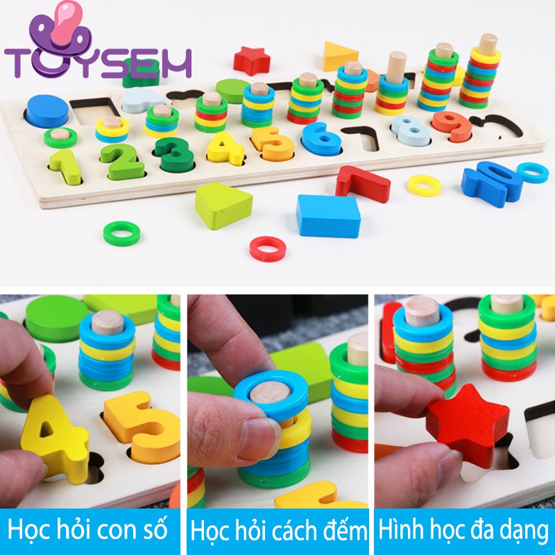 Đồ chơi bảng xếp gỗ ghép số và hình Toysem 3 dòng vừa học vừa chơi cho các bé từ 3 tuổi - Quà tặng sinh nhật cho bé