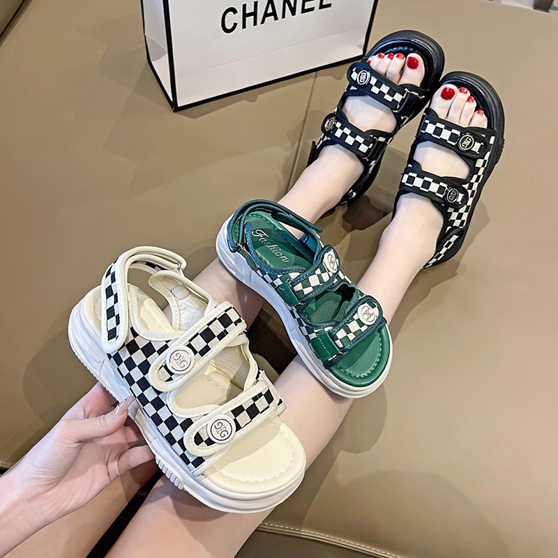 XẢ KHO (50) Sandal nữ quai kẻ caro đế 4 phân gợn sóng hàng QC (Mã 2201 - sandal)