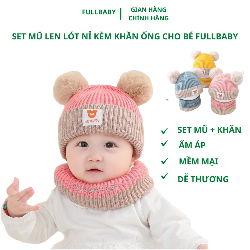 Mũ len cho bé kèm khăn ống ấm áp mềm mại dễ thương hai quả bông từ 0-4 tuổi