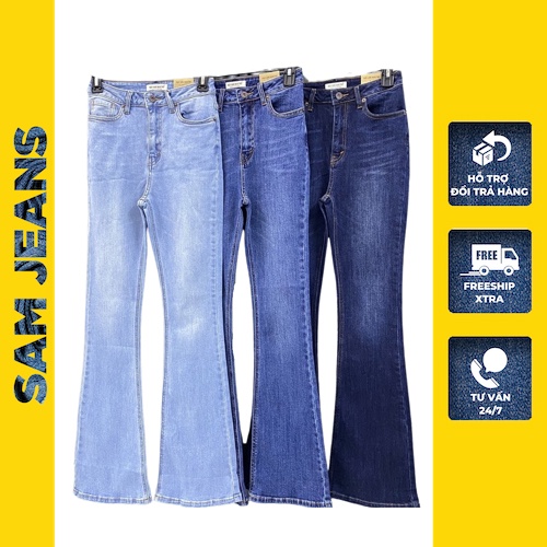 Quần jean nữ ống loe lưng cao dáng ôm skinny SAMBOUTIQUE quần bò nữ cạp cao ống đứng loe ống nhẹ - bass trơn 0014