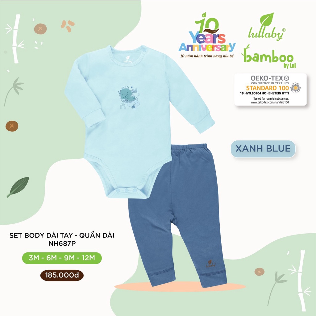 Set Body dài tay quần dài Lullaby Bamboo gấu ngủ cao cấp mềm mịn thoáng mát thấm hút tốt cho bé trai bé gái NH687P