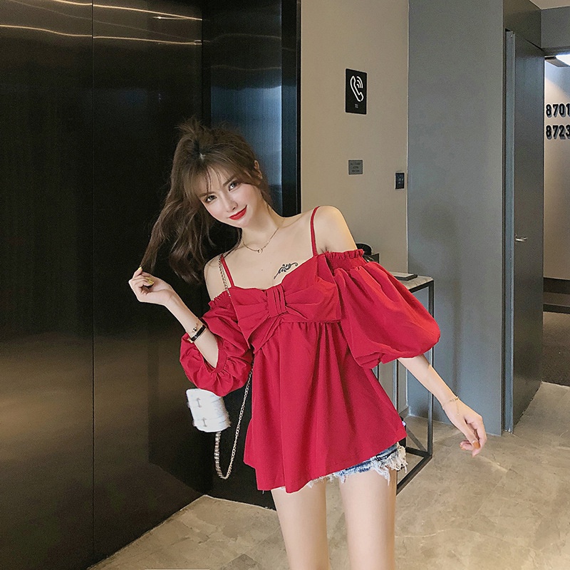 [Mã FAMARAL1 giảm 10K đơn 50K] Áo kiểu nữ, áo nữ 2 dây tay dài màu đỏ đủ size S M L hàng VNXK SKUA-27