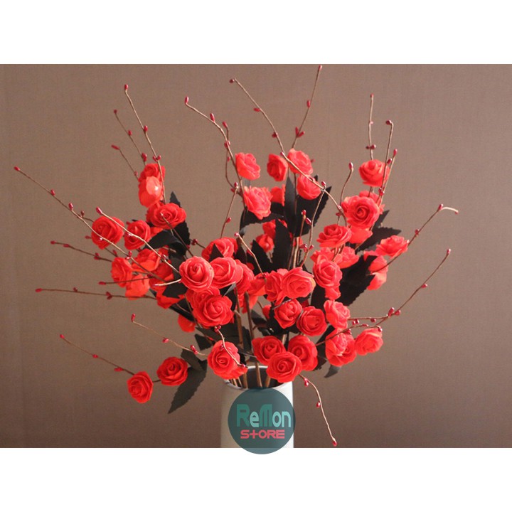 Cành hồng đỏ baby có nụ style vintage retro hoa cao cấp trang trí nhà cửa tiệc cưới, đạo cụ chụp ảnh