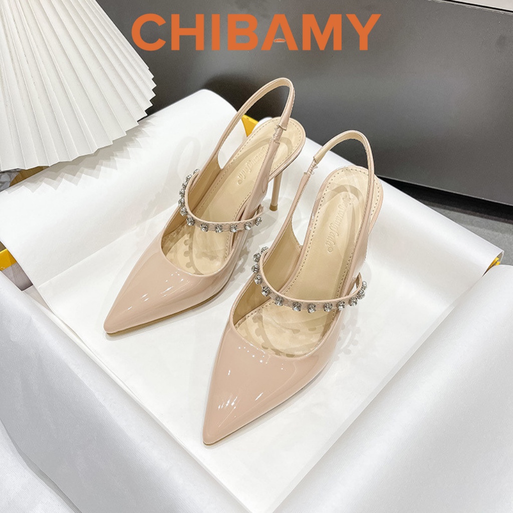 Giày cao gót nữ mũi nhọn đính đá Rhinestone gót nhọn cao 9cm hở gót hàng cao cấp CHIBAMY