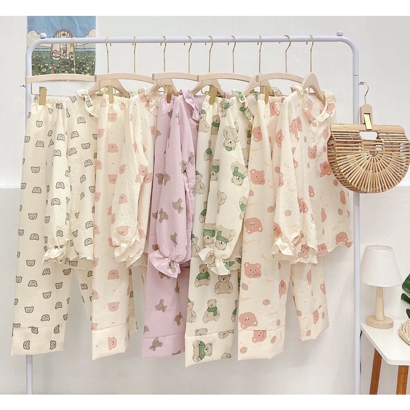 Bộ ngủ nữ cute, màu sắc Hàn Quốc chất nhăn xốp ẢNH THẬT | BigBuy360 - bigbuy360.vn