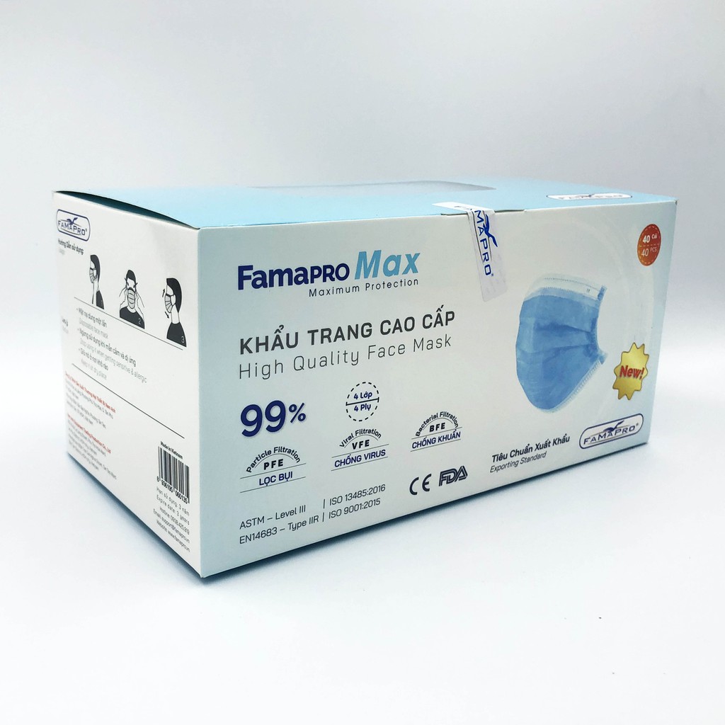 Sỉ Thùng 40 hộp Khẩu trang y tế kháng khuẩn 4 lớp cao cấp FAMAPRO MAX, hộp 40 cái chính hãng công ty Nam Anh