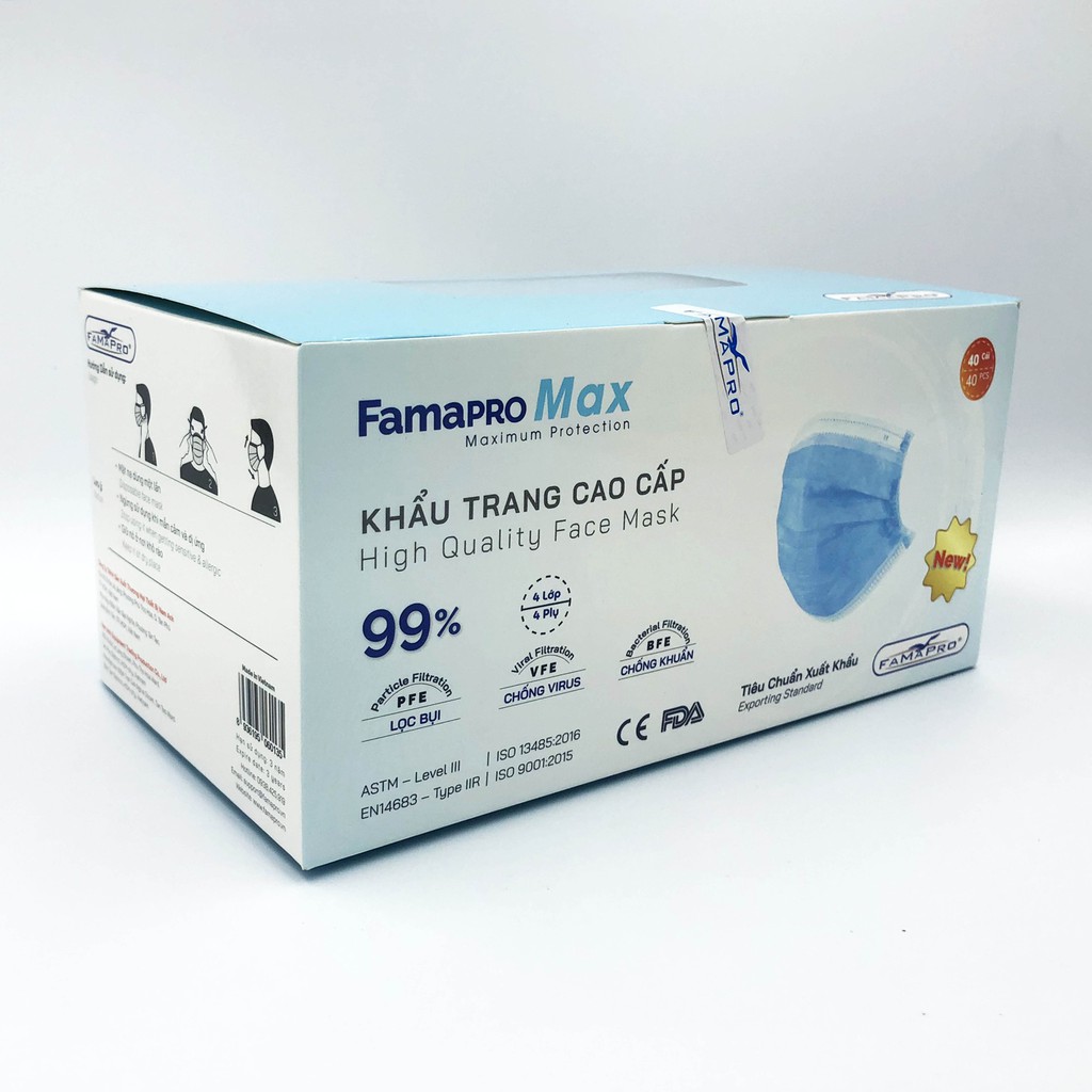 Khẩu trang y tế kháng khuẩn 4 lớp cao cấp FAMAPRO MAX, hộp 40 cái chính hãng công ty Nam Anh