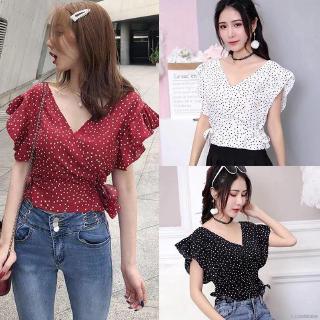 Áo Kiểu Chất Chiffon Tay Ngắn Thiết Kế Cổ Chữ V Nữ Tính