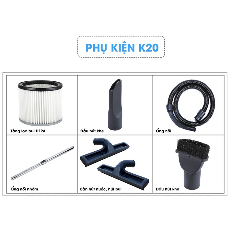 Máy hút bụi công nghiệp và gia đình Sumika K20 công suất 1600W dung tích 20L  bảo hành 1 năm
