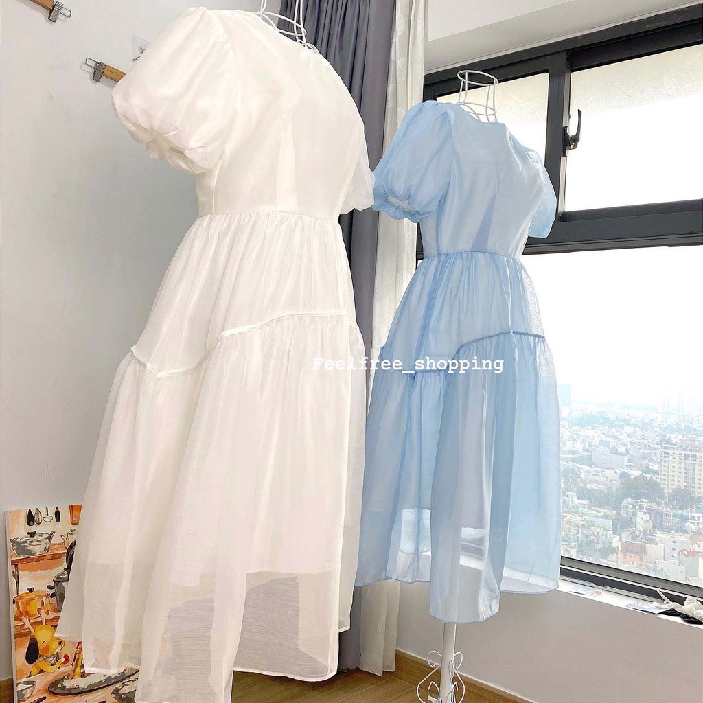 Đầm Dáng Dài Tay Xoè Cổ Vuông Hai Lớp Mặc Đi Tiệc, Đi Chơi, Kỷ Yếu (Hình Thật)