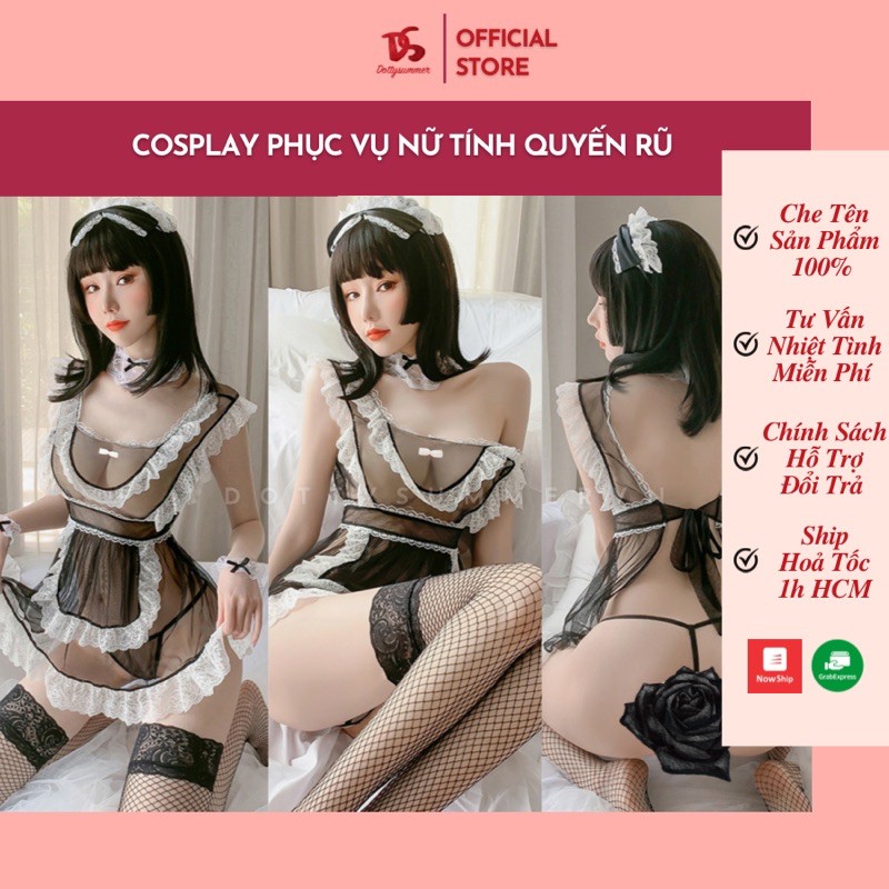 Cosplay Tạp Dề/ Đầm Phục Vụ Sexy, Đầm Yếm Thun Lưới Style Y Phục Gái Hầu Gợi Cảm Quyến Rũ (Kèm Chip, Cài, Vòng Cổ)