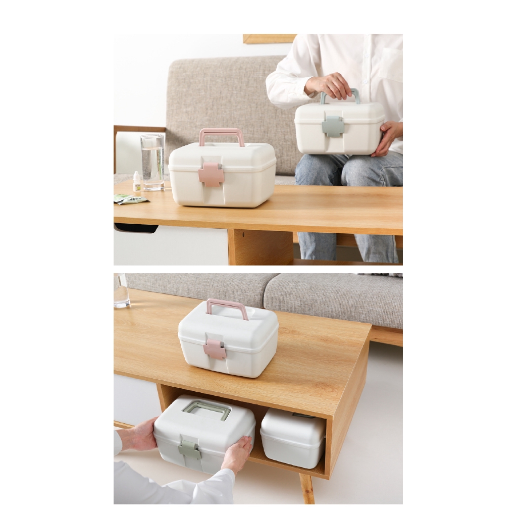 Hand-held double-layer sealed compartment medicine box, household portable medicine organizing storage box.