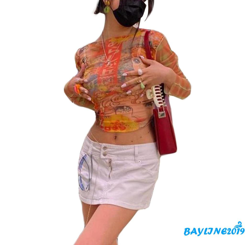 Áo lửng tay dài cổ tròn in hoạt hình hợp thời trang cho nữ