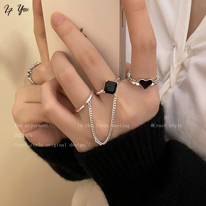 Set 3 Nhẫn Đính Đá Đen Nhân Tạo Nhiều Kiểu Dáng Thời Trang Dành Cho Nữ