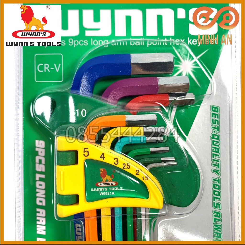 Bộ lục giác đầu bi 9 món ngắn (nhiều màu sắc)  WYNN’S W9921A, bộ khóa lục giác thép cứng cao cấp CR-V chất lượng cao