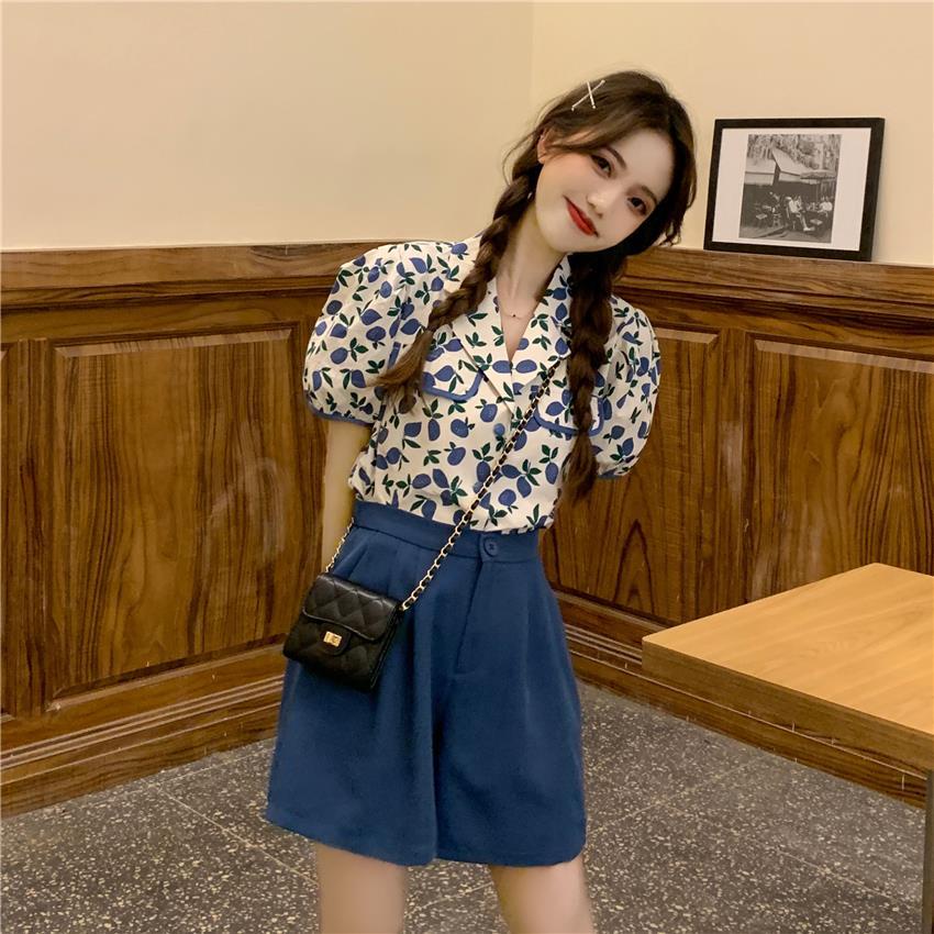 Set áo sơ mi tay ngắn họa tiết hoa xinh + quần đùi lưng cao giản đơn duyên dáng cho nữ (có bán lẻ áo sơ mi / quần đùi)