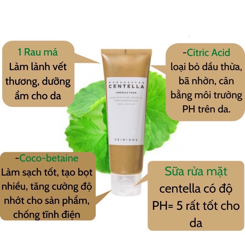 Sữa rửa mặt Centella cho da mụn rau má Skin1004 Hàn Quốc cấp ẩm giảm mụn loại bỏ bã nhờn kiềm dầu 125ml