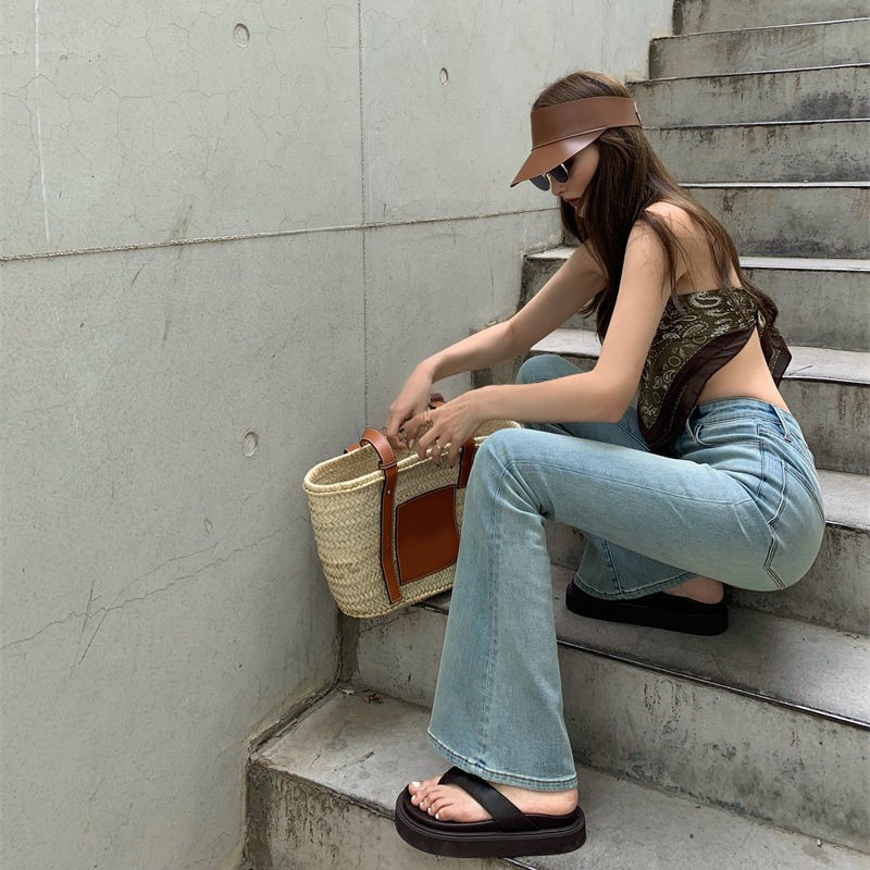 Quần jean dài ống loe lưng cao phong cách mùa hè thời trang cho nữ