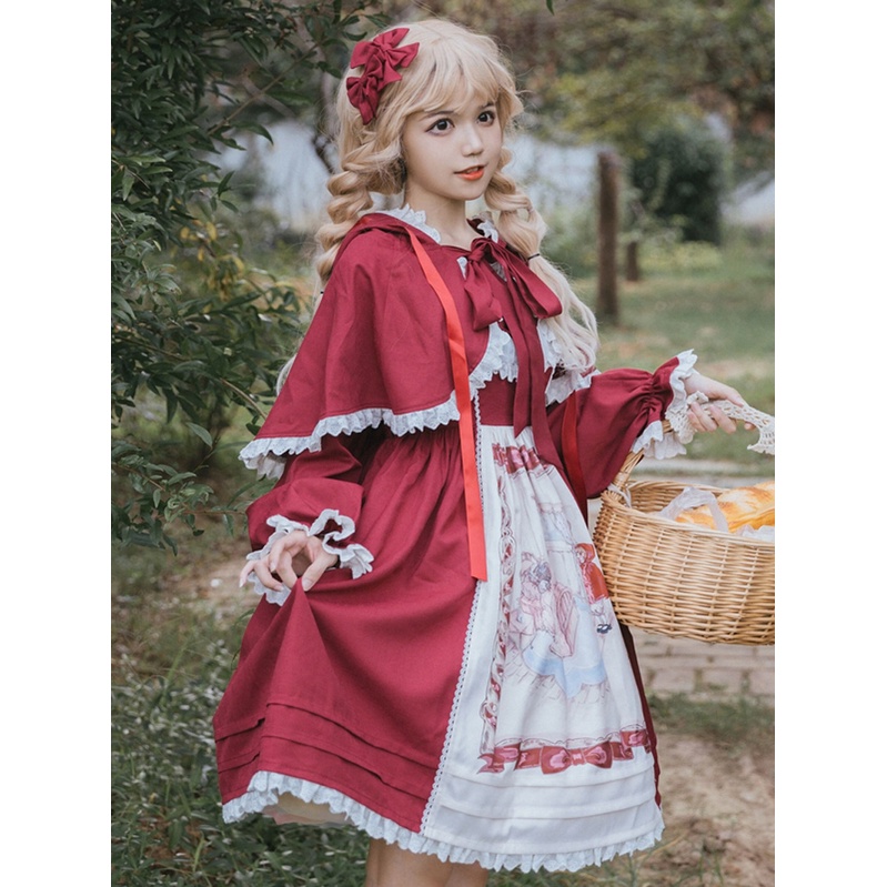 Sét váy lolita JSK + áo choàng khăn choàng nơ đỏ dễ thương