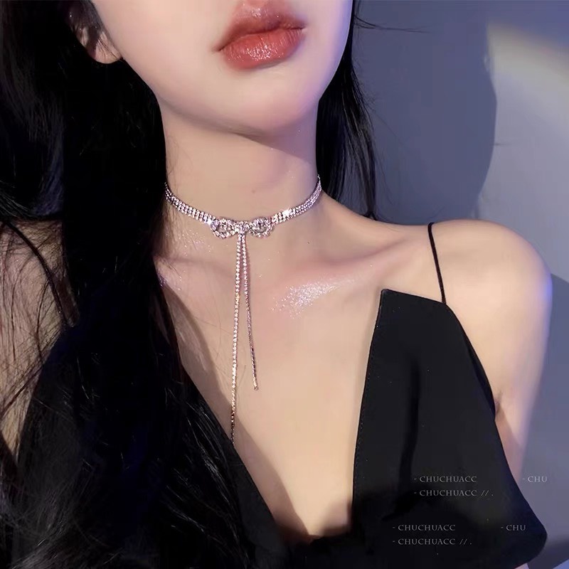Choker nạm đá hình nơ Trang sức phụ kiện dự lễ lấp lánh sang trọng