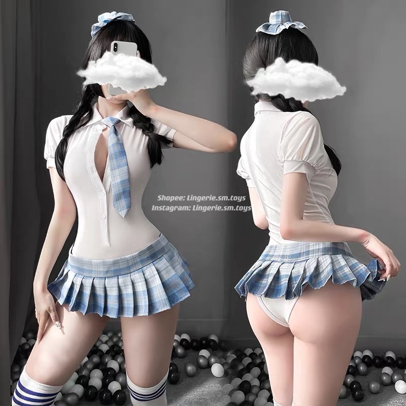 FM7035 Set Bodysuit Học Sinh Kẻ Xanh Full Phụ Kiện Siêu Xinh • Cosplay Nữ Sinh Sexy