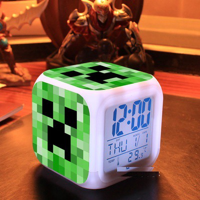 Đồng Hồ Điện Tử Hình Hoạt Hình Minecraft 7 Màu Có Đèn Led Và Nhiệt Kế Đa Năng Cho Bé