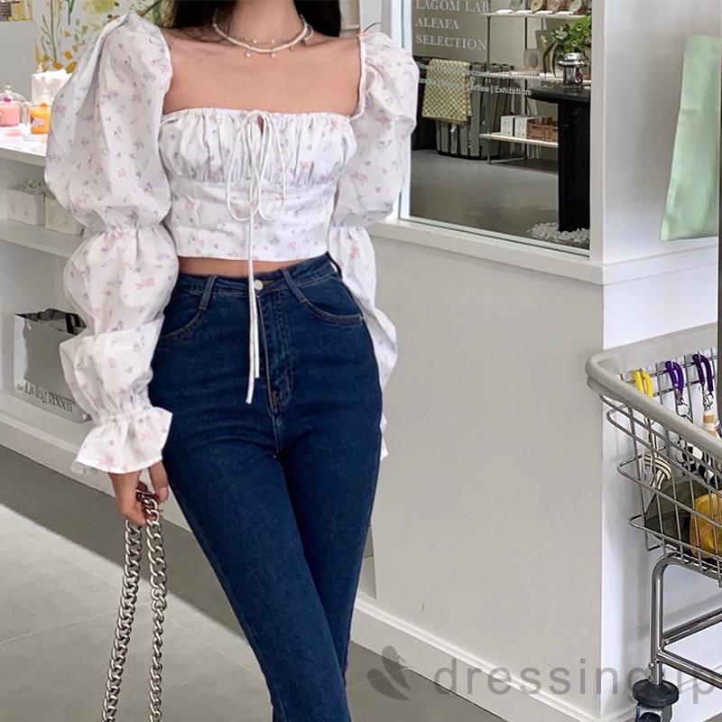 Áo croptop cổ vuông tay phồng cột dây trước in họa tiết hoa phong cách cổ điển thời trang cho nữ