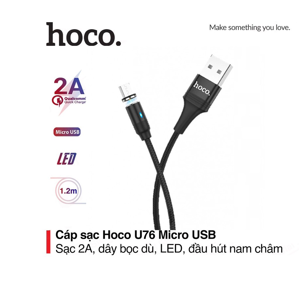 Cáp sạc nhanh 2A Hoco U76 Micro đầu sạc nam châm tích hợp đèn Led dài 1.2M cho Android