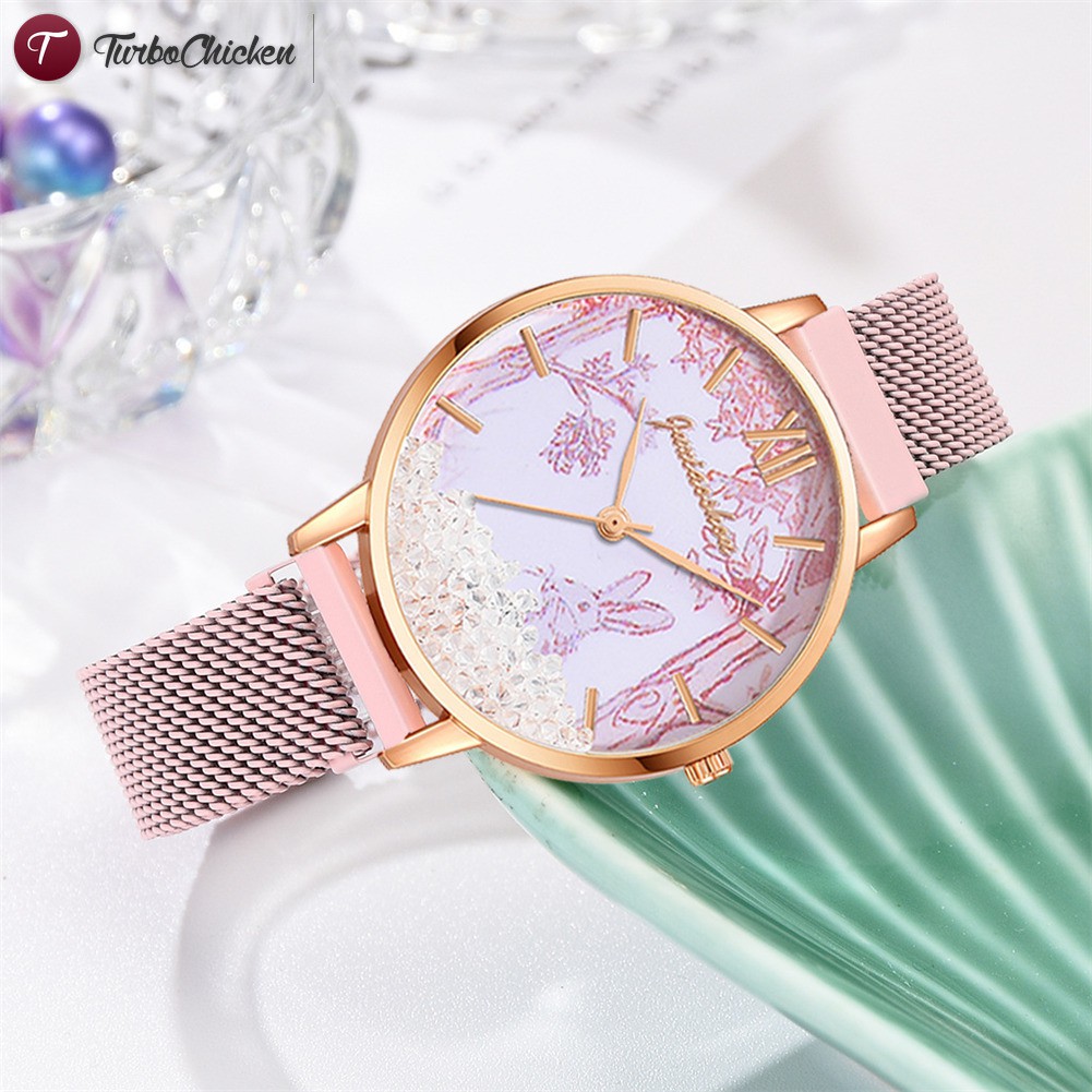 #Đồng hồ đeo tay# Fashion Quartz Watch Alloy Mesh Strap Cartoon Printed Round Dial Casual Watch for Women Girls