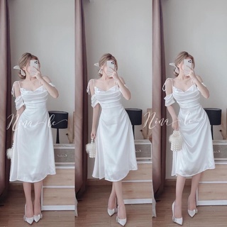 Váy lụa xếp ly ngực cổ đổ tay rớt vai mặc được 2 kiểu