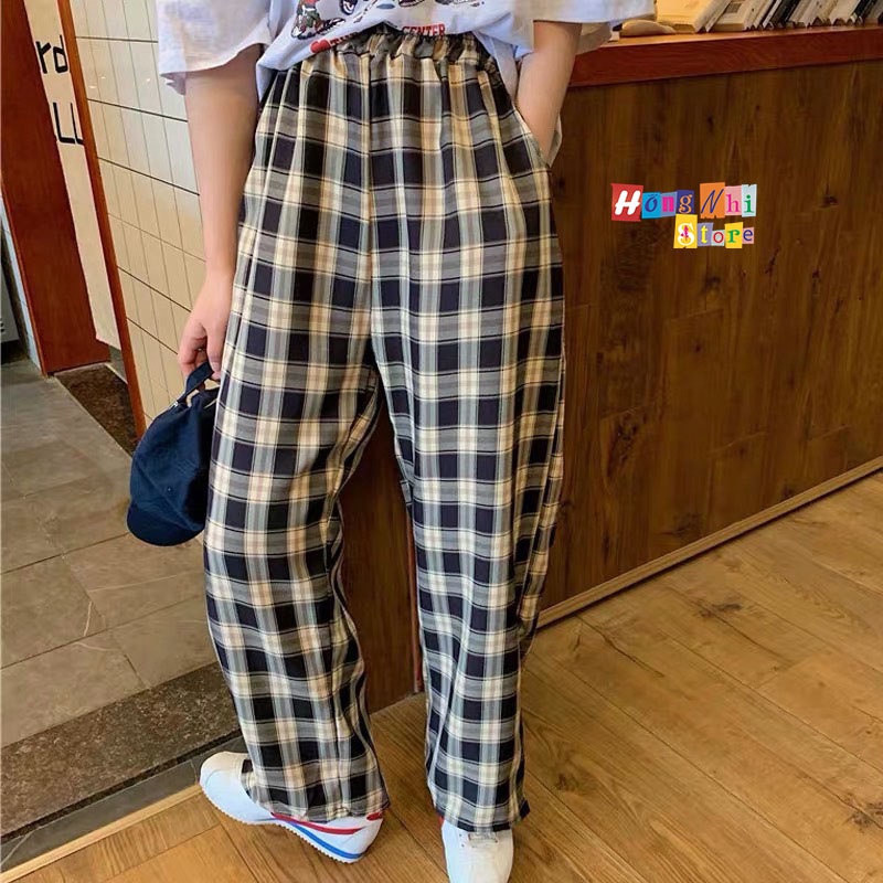 Quần Caro Dài Ống Rộng Lưng Cao Chun Thun Dáng Rộng Nam Nữ Unisex Culottes Ulzzang - MM