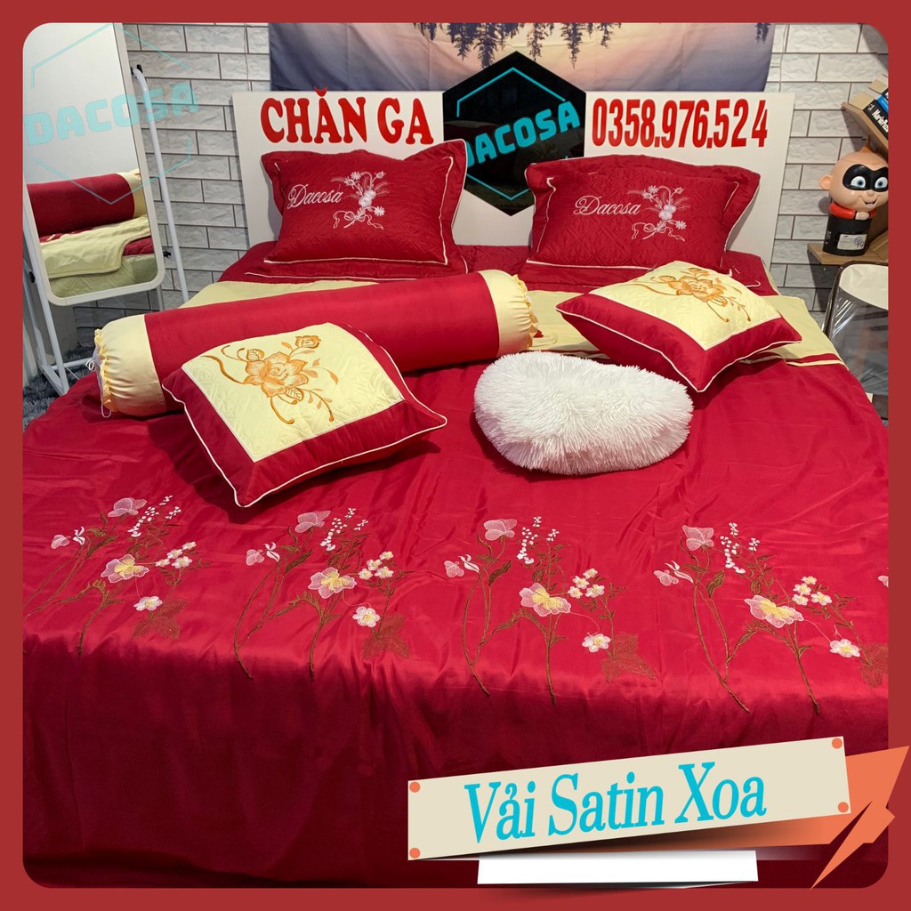 Set chăn ga gối xoa satin vải thêu thương hiệu DACOSA sang trọng