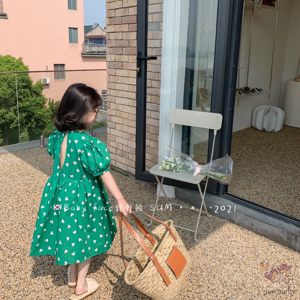 Đầm Công Chúa Tay Ngắn In Họa Tiết Trái Tim Phong Cách Hàn Quốc Cho Bé Gái