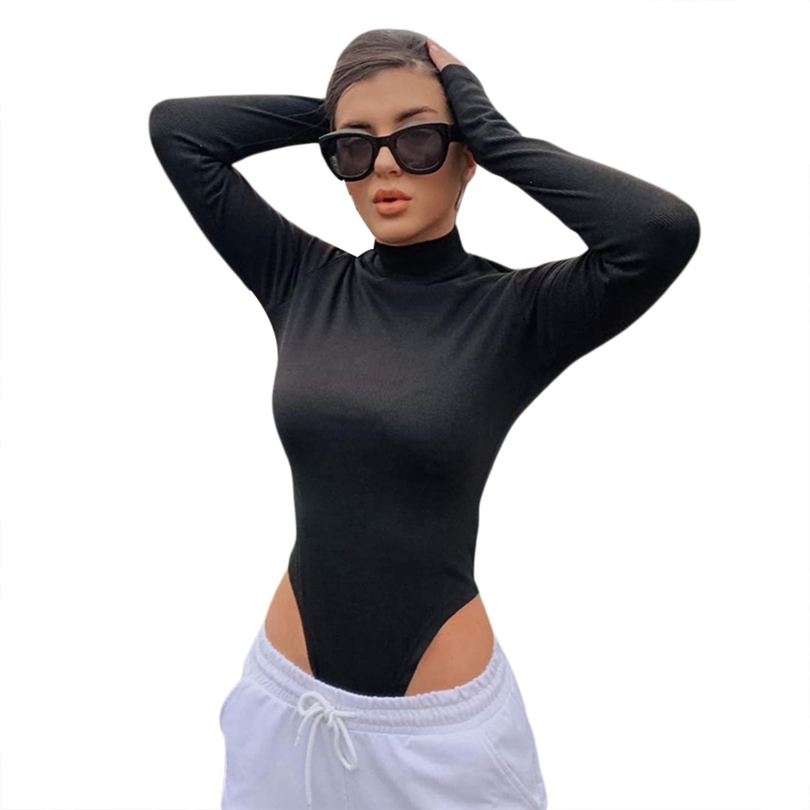 Bodysuit Dài Tay Cổ Lọ Trơn Màu Phong Cách Quyến Rũ Dành Cho Nữ