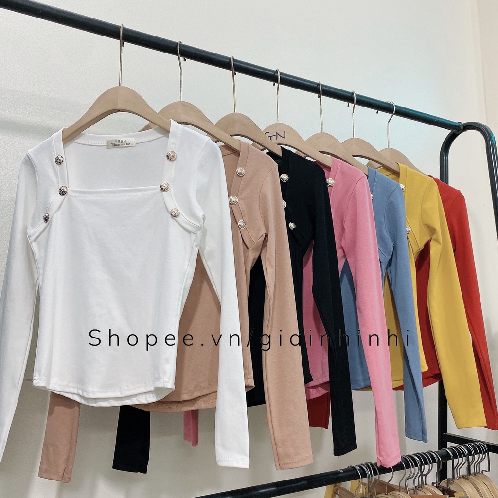 [Mã FAMARAL1 giảm 10K đơn 50K] Áo thun cổ vuông khuy vai dài tay, Áo kiểu dáng ôm cổ U sexxy AS6588 - NhiNhi Shop