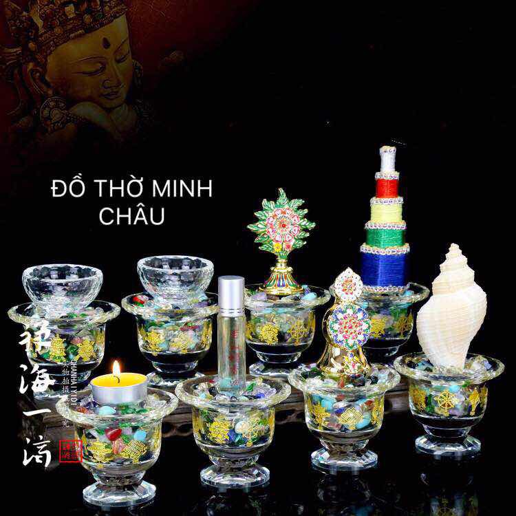 Chén pha lê 8 Cát Tường miệng loe - Dùng Để Cúng Dường