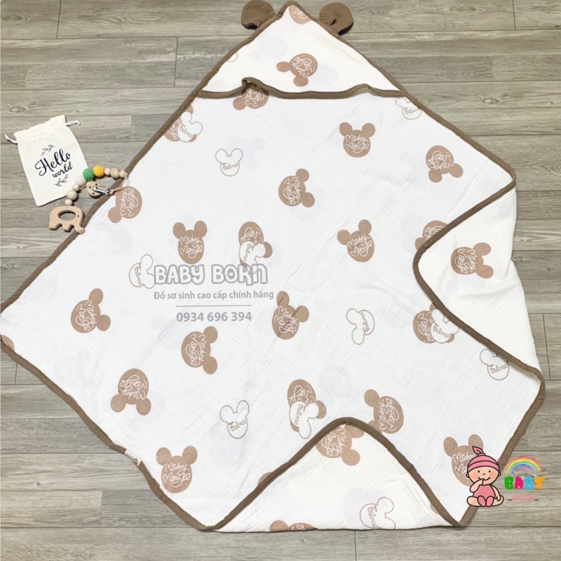 Emom - Chăn ủ Muslin sợi tre đa năng 4 lớp có mũ mềm mại