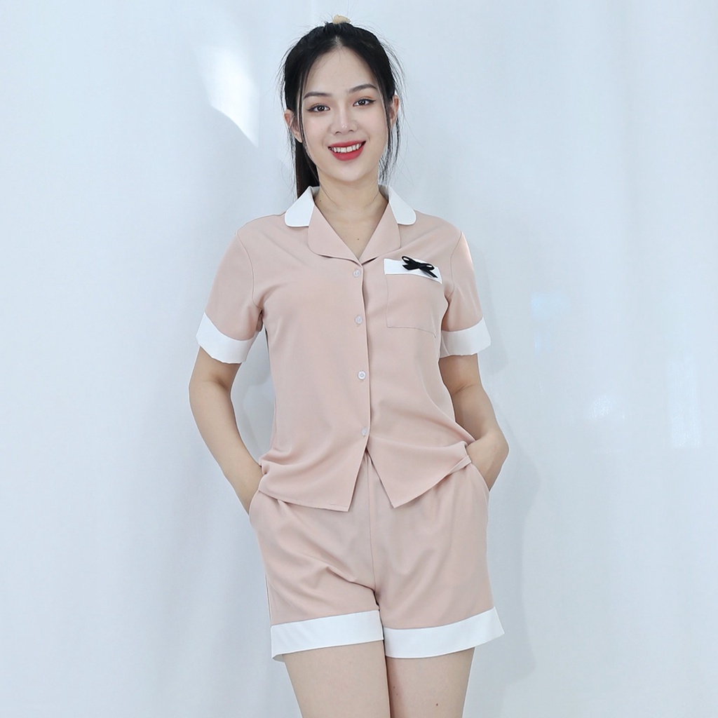 Bộ đồ bộ Pijama NGẮN CÀ PHÊ SỮA PHA CỔ TRẮNG ĐIỂM NHẤN NƠ TÚI CỰC XINH vải  lụa cao cấp -  Thoải Mái Nhẹ Nhàng