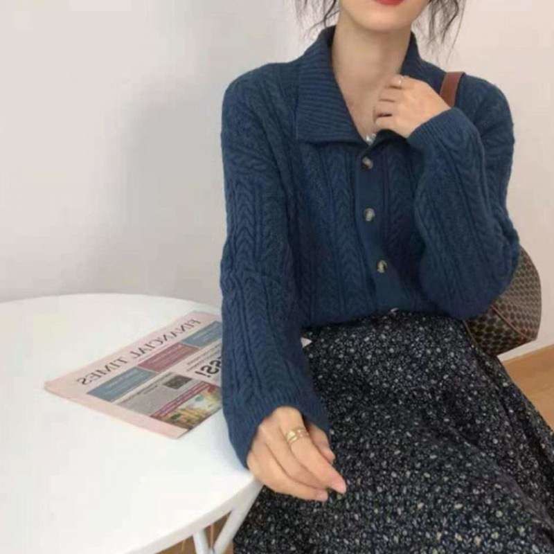 Áo Sweater Dài Tay Phong Cách Hàn Quốc 208526 Áo Khoác Dệt Kim Dáng Rộng Cổ Bẻ Phong Cách Retro