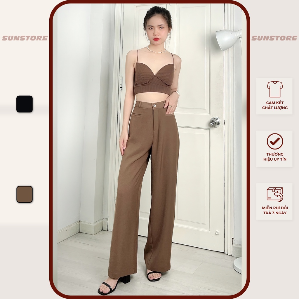 Quần ống rộng nữ lưng cạp cao dáng suông dài túi mổ culottes cài nút chất rũ màu đen và nâu THRE PANT