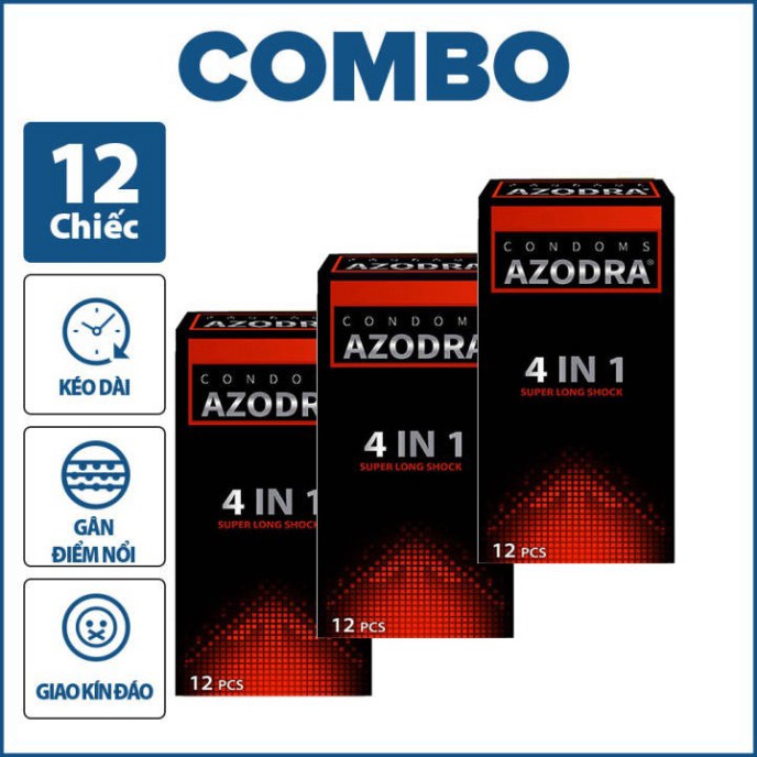 [Combo 3 Hộp] Bao Cao Su Azodra 4 In 1 Gân Gai Kéo Dài Thời Gian Yêu. Dòng Bcs Có Nhiều Gel Bôi Trơn +Tặng Bcs 7Bi