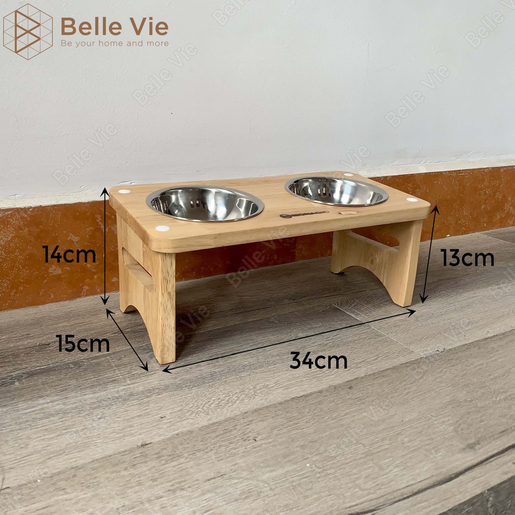 Khay Đựng Thức Ăn Cho Thú Cưng BELLEVIE Khay Gỗ Kèm Bát Ăn Inox Cho Chó Mèo