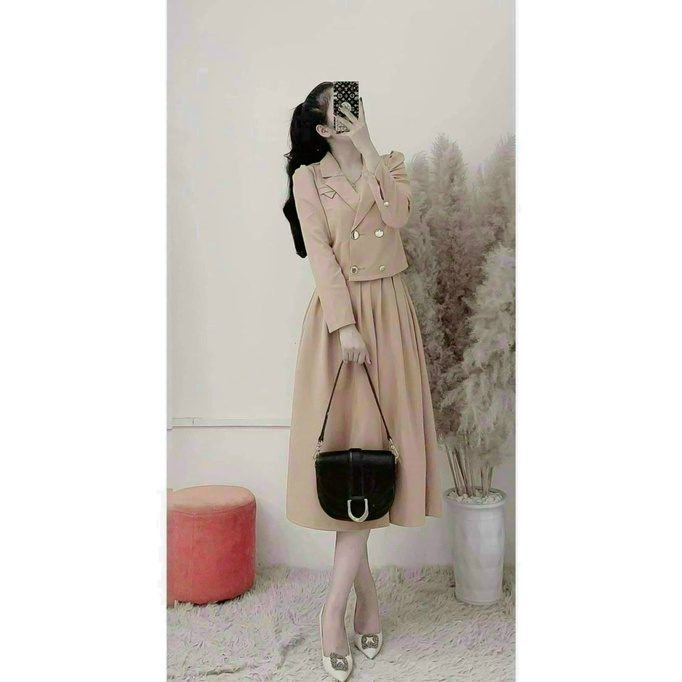 Sét Đầm 3 Món Áo Cổ Vest Phối Nút , Đầm Dài Dáng Xòe Chất For Có Mút Ngực Mặc Đẹp Dáng Xinh [NEW UNISEX]