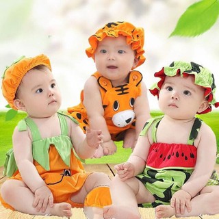 Áo liền quần/Bodysuit/ áo 2 dây kèm mũ xinh xắn cho bé trai,bé gái dưa hấu,bí ngô, hổ cam