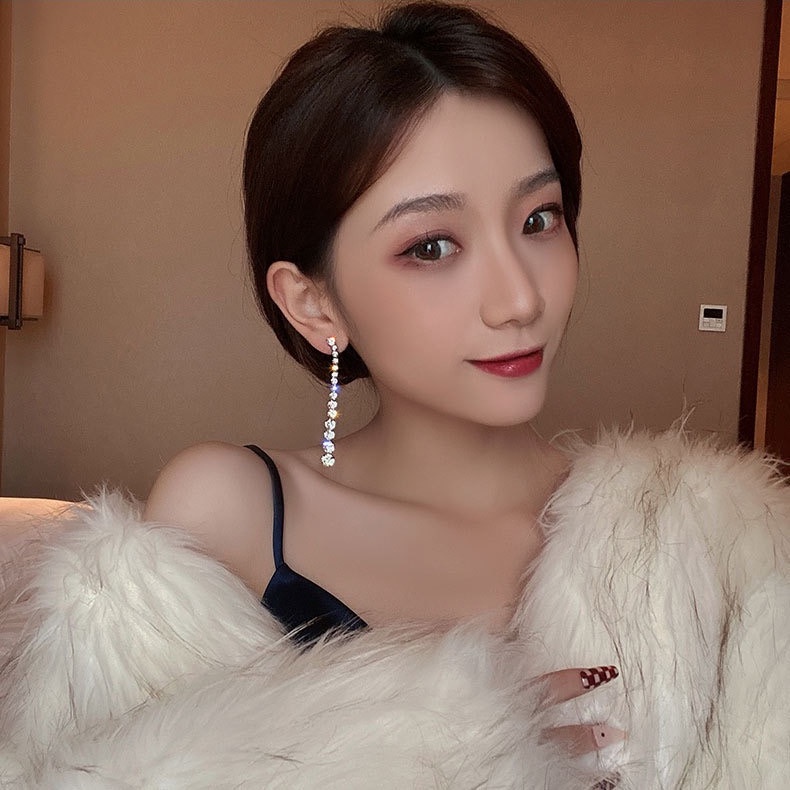 Bông Tai Mạ Bạc 925 Dáng Dài Đính Kim Cương Giả Sang Trọng Cho Nữ